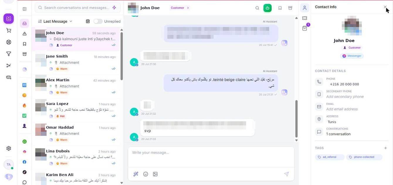 Unifunl unified inbox: conversation list on the left with a channel badge on each avatar, the exchange in the middle, and the contact profile on the right
