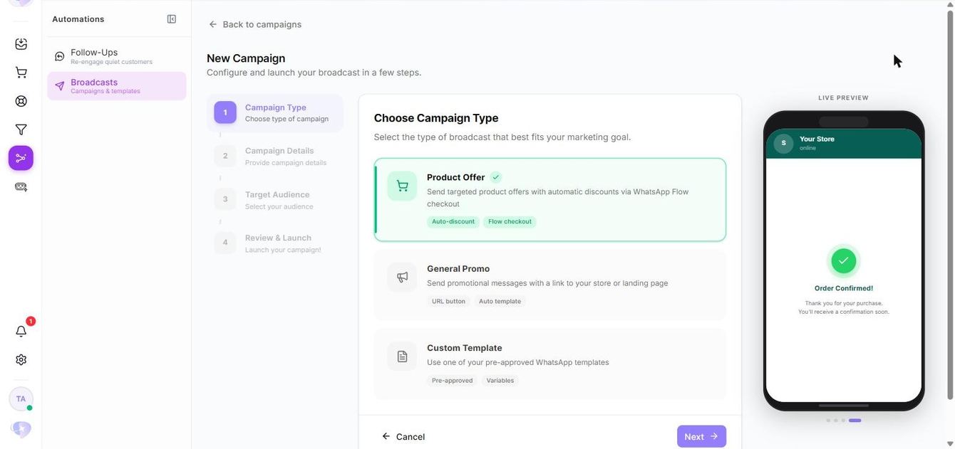 Unifunl WhatsApp campaign builder with the targeted product, discount and message template