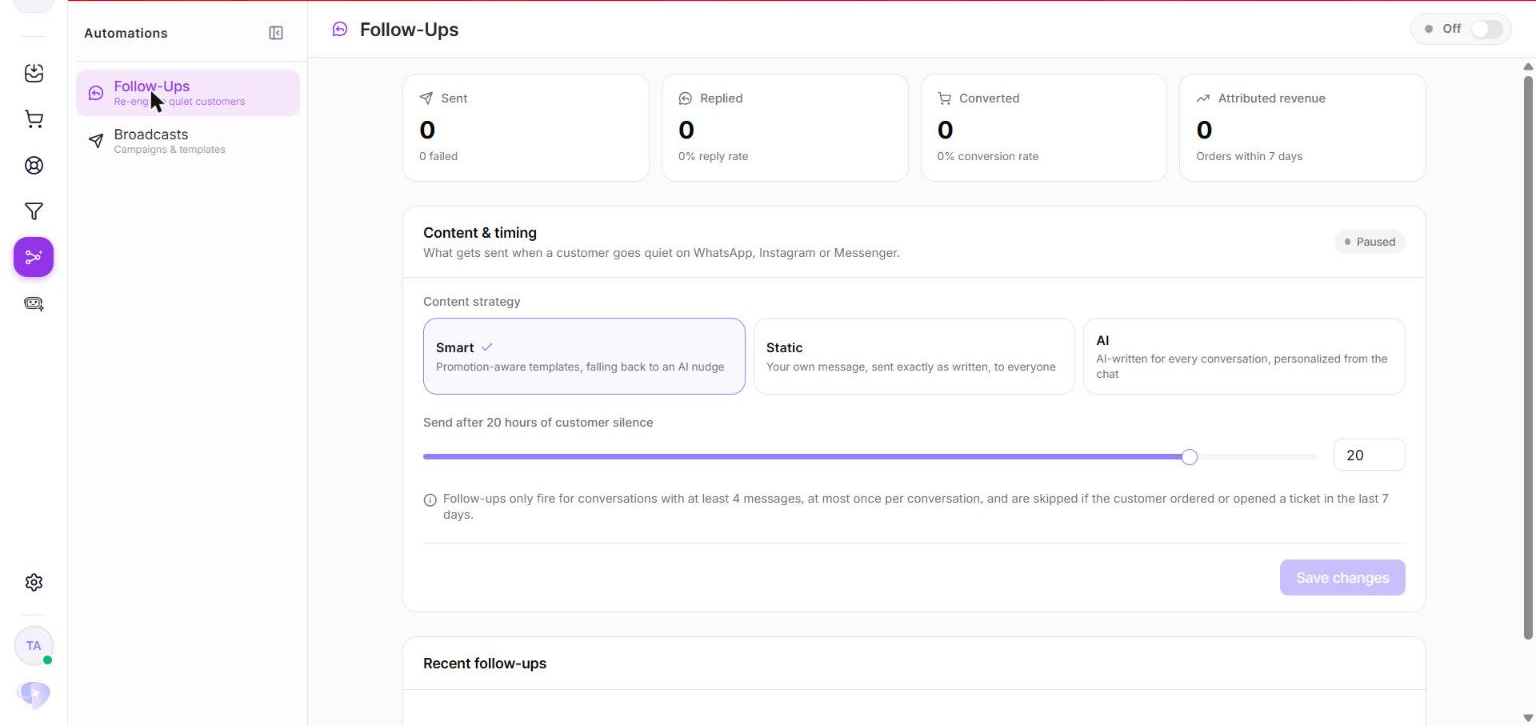 Unifunl follow-up settings showing the silence window, strategy and anti-spam guardrails