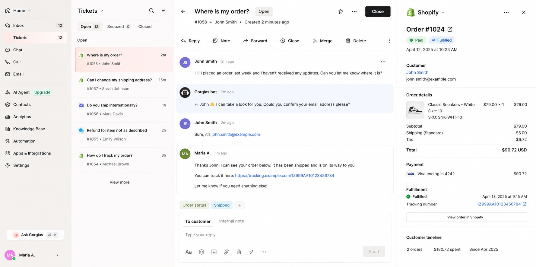 Gorgias ecommerce helpdesk showing support tickets with Shopify order data alongside the conversation