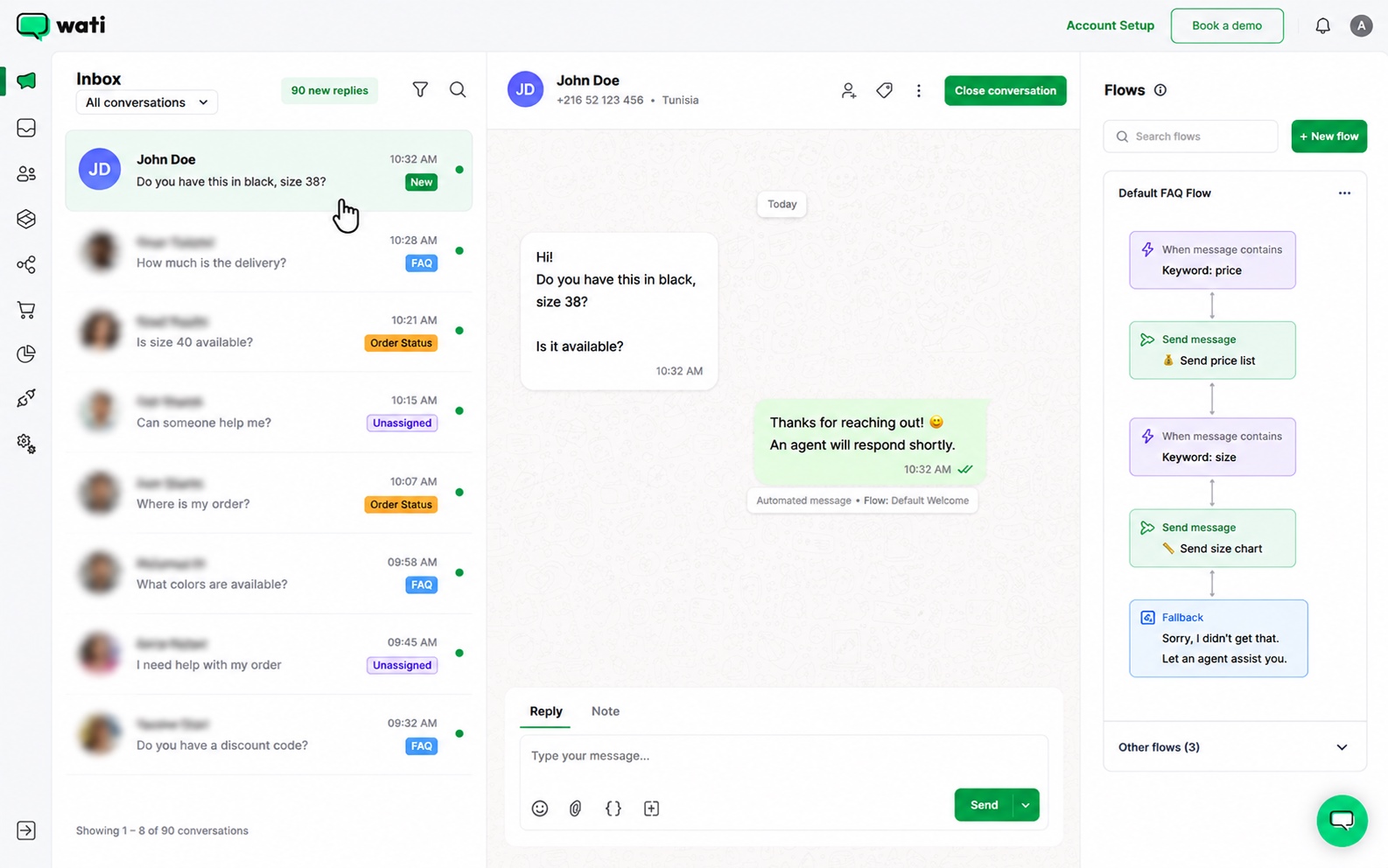 Wati shared team inbox showing WhatsApp conversations with agent assignment and labels