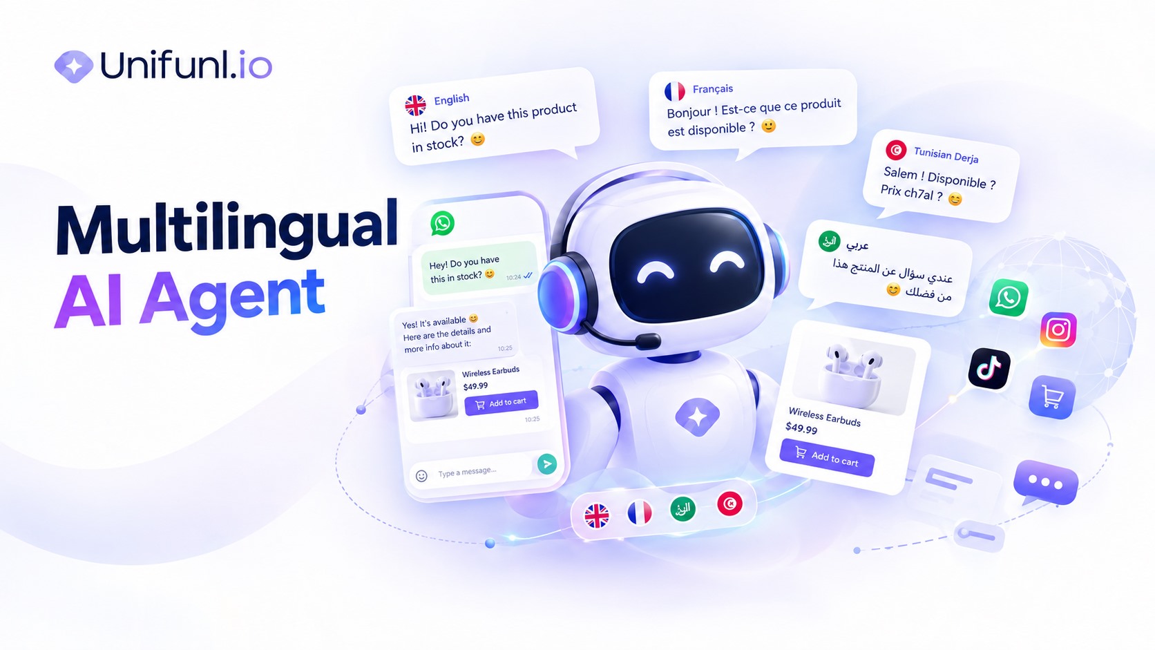 Unifunl multilingual AI agent replying to a customer message written in Tunisian Derja with Latin letters